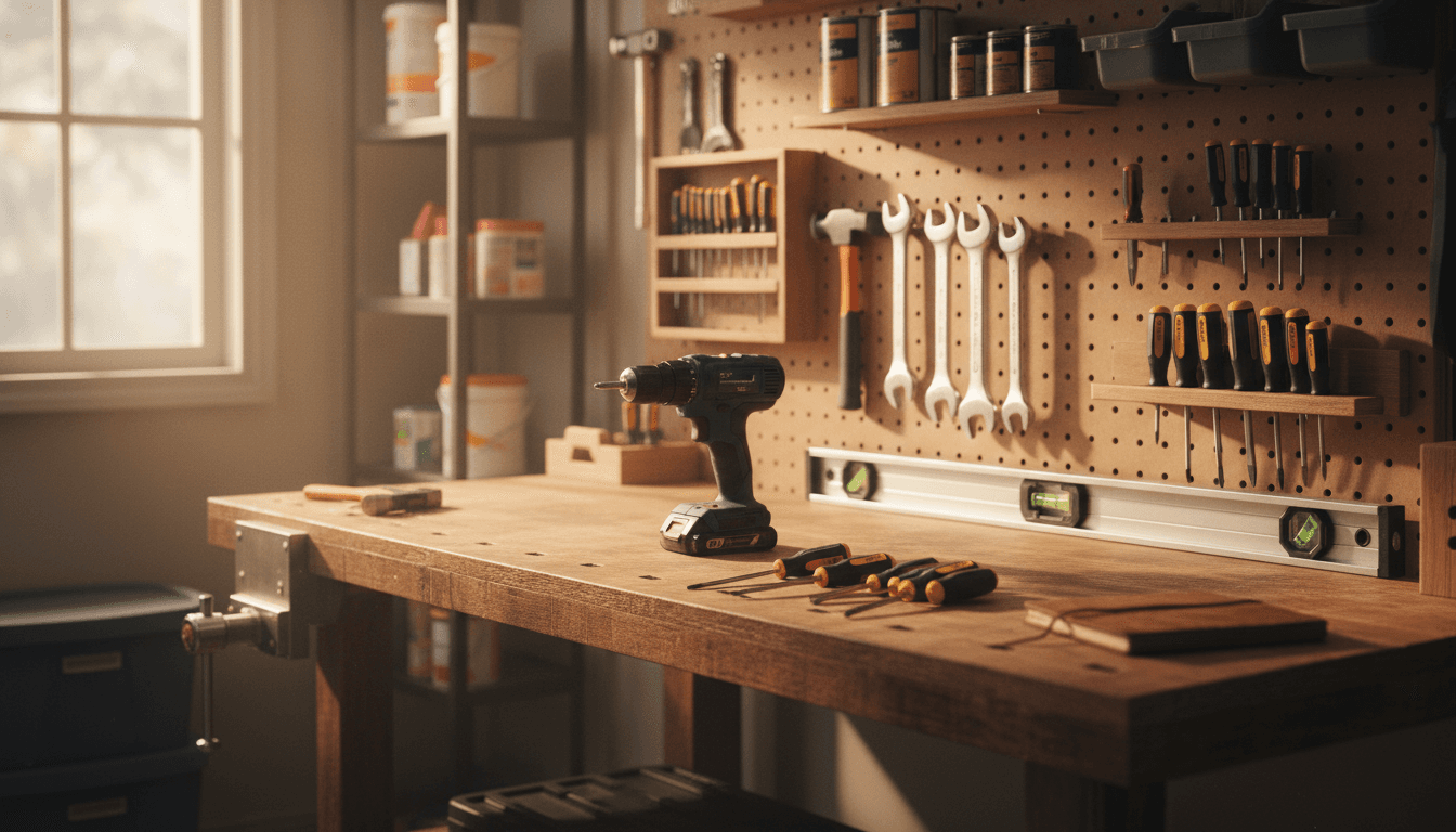 Organized workbench with tools ready for a handyman project