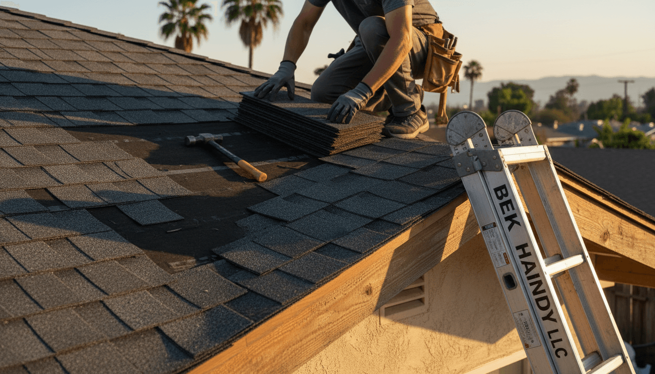 Close-up of a Valley bungalow roof with missing composition shingles being replaced, tar paper exposed, ladder against the eave, warm late-afternoon light
