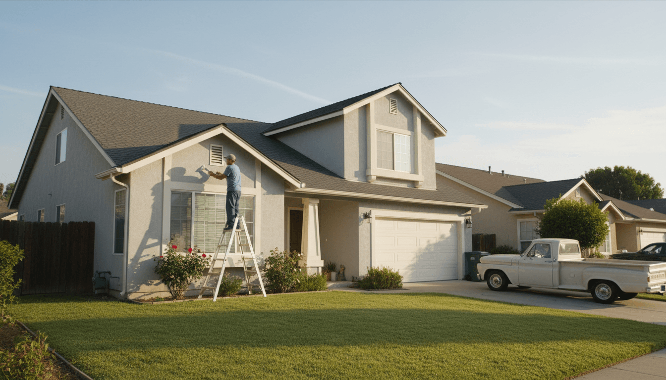 Handyman on a ladder painting trim of a suburban home