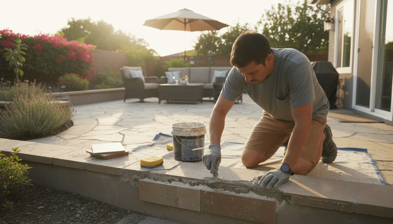 Repairing cracked stucco and loose tiles on a backyard terrace patio in the San Fernando Valley, trowel and grout beside a low retaining wall