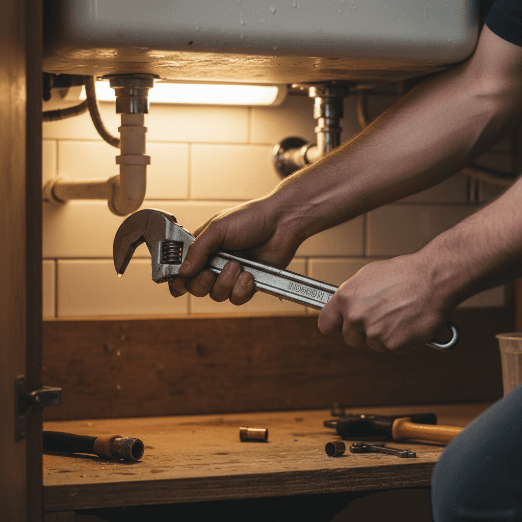 Handyman hands tightening a faucet with a wrench