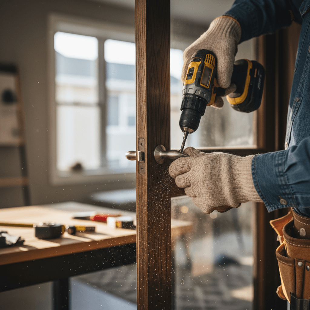 Handyman's hands holding a drill near a wooden door frame