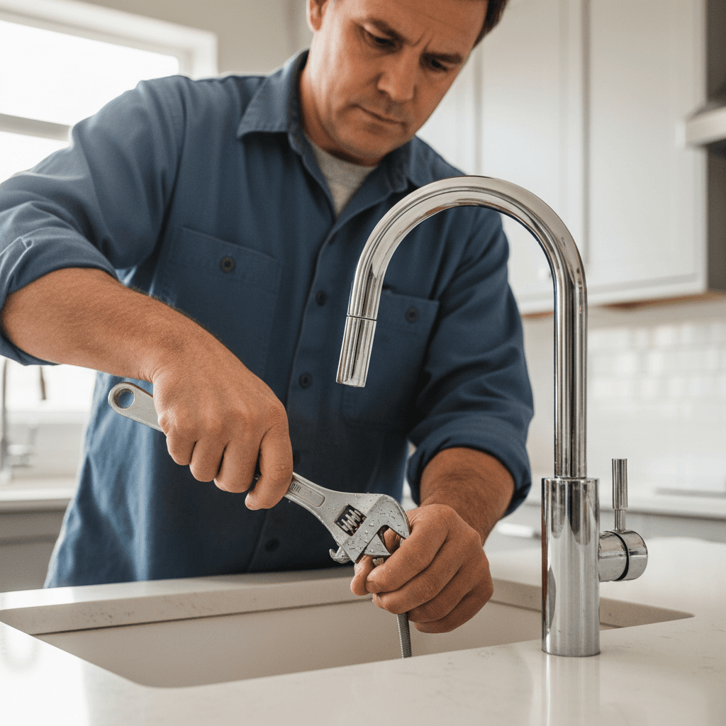 Hand tightening a chrome faucet with a wrench
