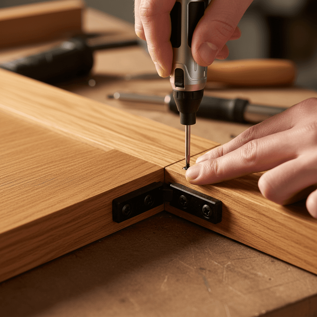 Handyman's hands tightening a cabinet hinge
