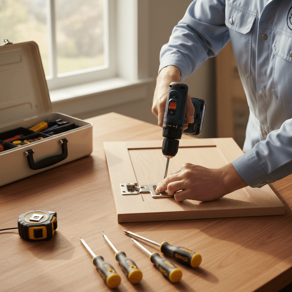 Handyman carrying a toolbox through a sunlit living room