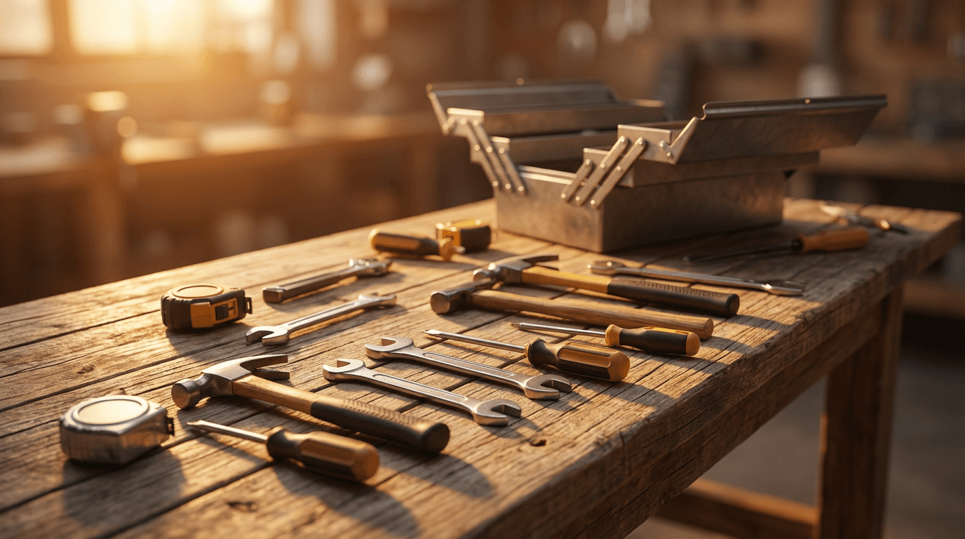 Handyman workbench with tools in a garage
