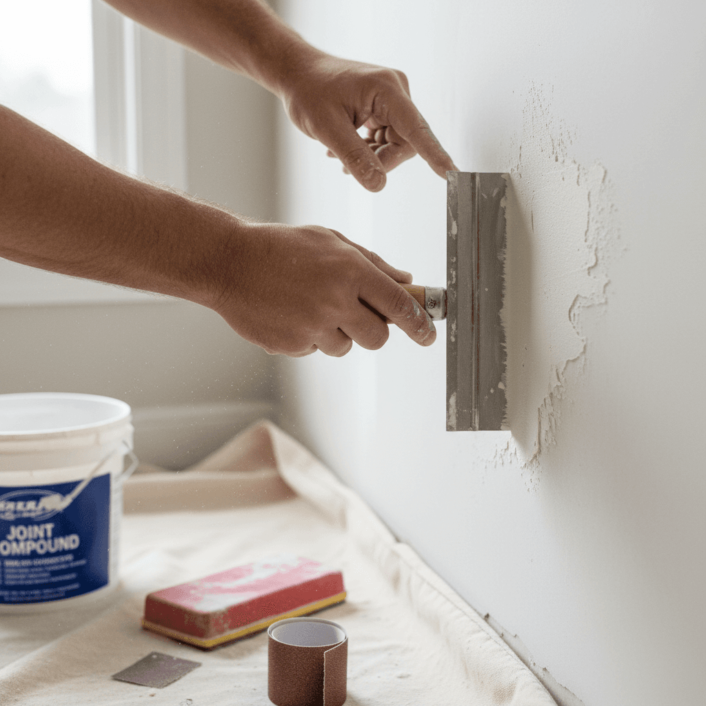 Close-up of a handyman patching cracked drywall with joint compound in a sunlit Reseda living room