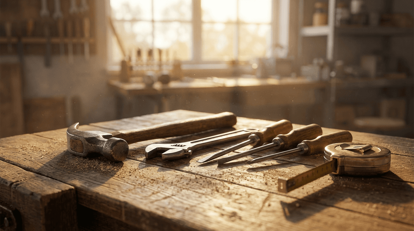 Handyman tightening a fixture with a wrench at a workbench