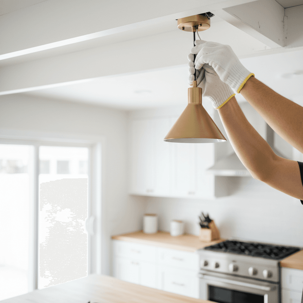 Handyman replacing a ceiling light fixture in a Valley ranch kitchen, warm afternoon light