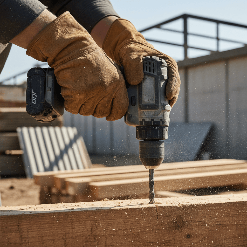 Handyman drilling into a wooden door frame during a home repair