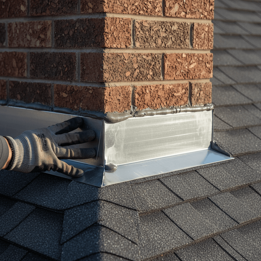 Handyman flashing a leak around a roof vent stack on a Reseda ranch house, copper flashing and roofing cement, sun-bleached asphalt shingles