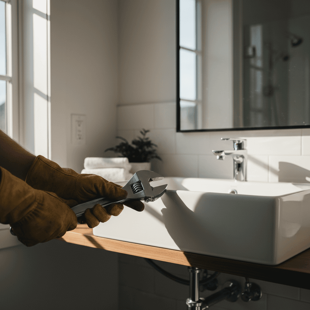 Handyman installing a new bathroom faucet
