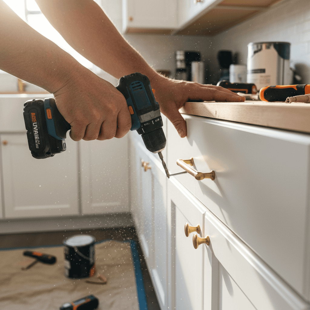 Handyman tightening a screw on a wooden cabinet door with a cordless drill